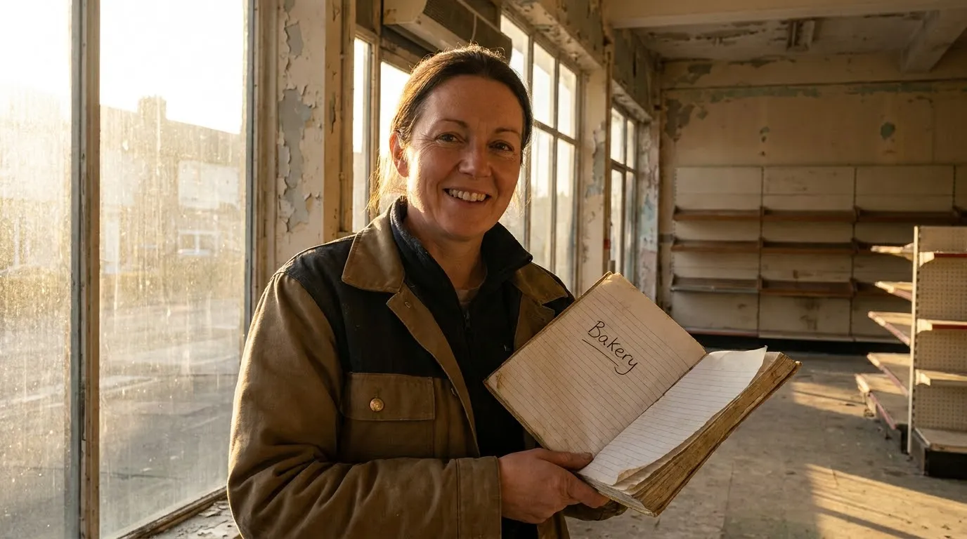 Hopeful woman standing in an empty storefront holding a notebook labeled Bakery