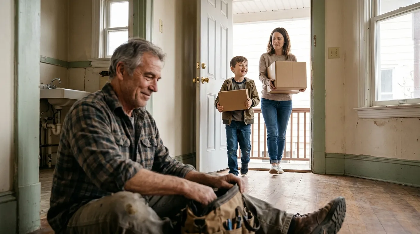 A young mother and her smiling boy walking into a bright, modest apartment with moving boxes.