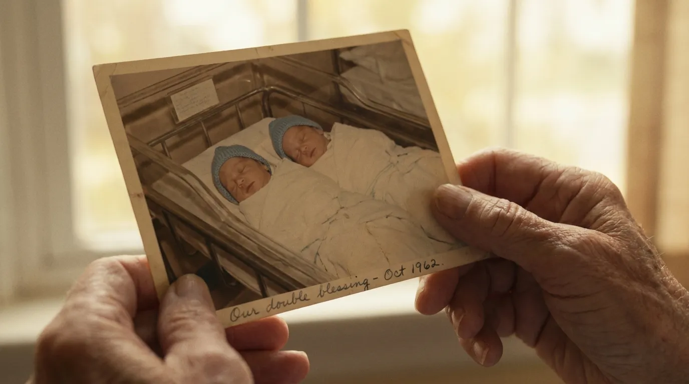 Faded photograph of two newborn babies in a hospital bassinet