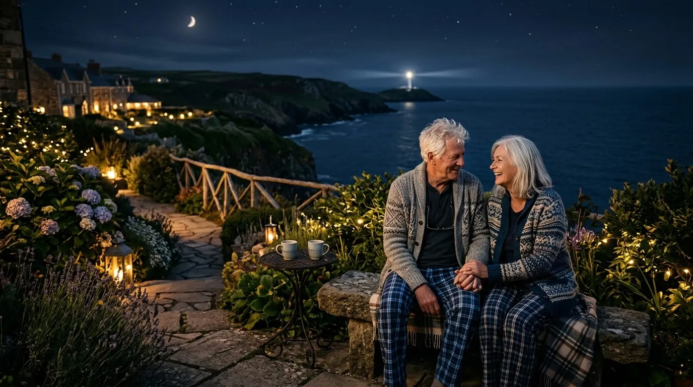 Older couple sitting on a stone bench at night near a cliff overlooking the ocean