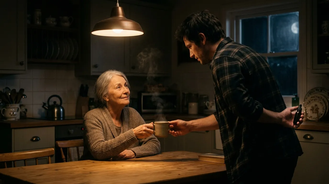 Young husband handing a mug to his older wife while hiding a dark vial