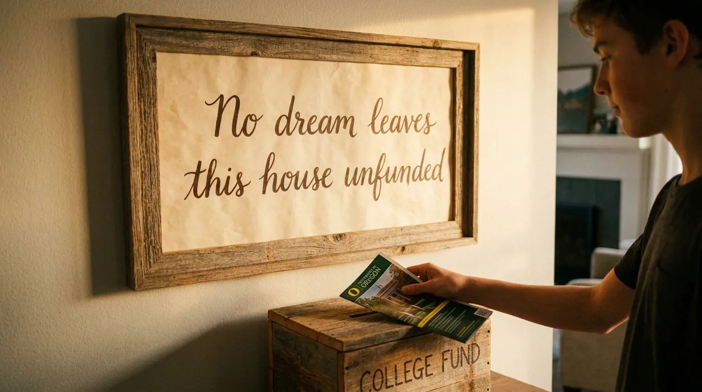 A framed handwritten sign that reads No dream leaves this house unfunded
