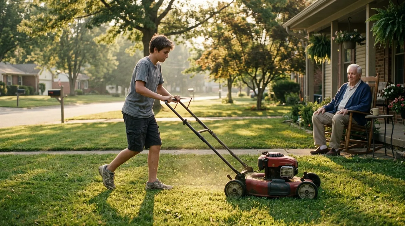 Teenage boy mowing the lawn while an elderly man watches from a porch chair