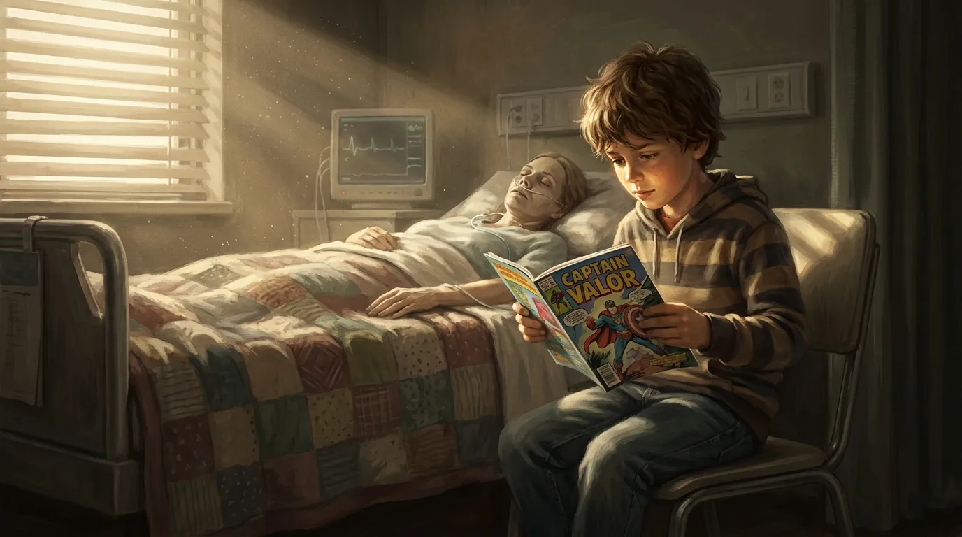 A seven-year-old boy reading a superhero comic book to his mother in a hospital room