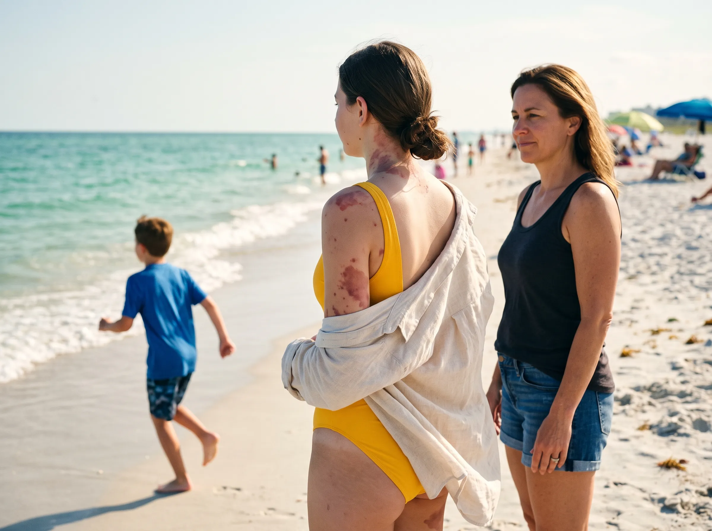 Nora standing confidently on the Florida beach in a yellow swimsuit