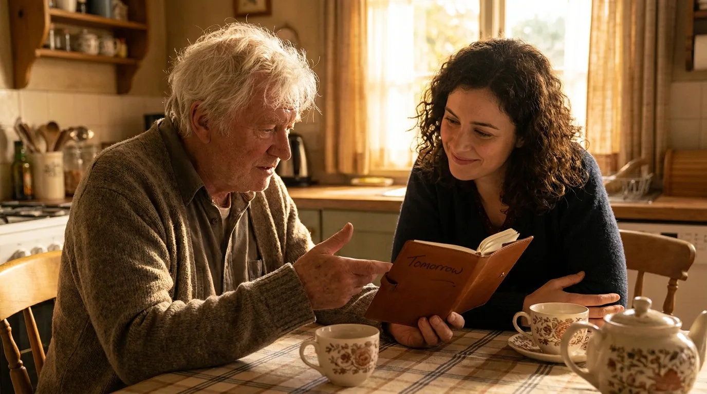 An older man proudly showing a notebook with the handwritten word 'Tomorrow' to his daughter at a kitchen table.