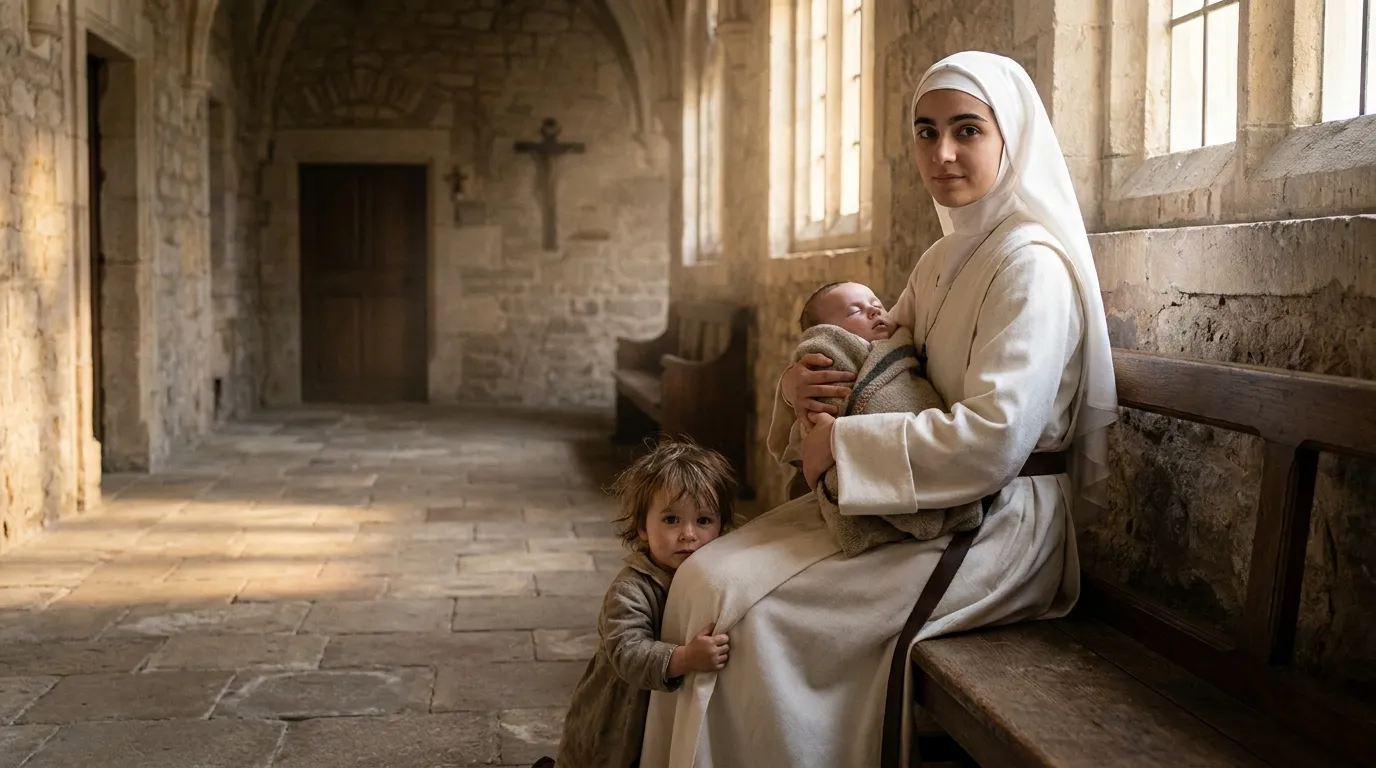 Young nun holding a baby in a sunlit convent