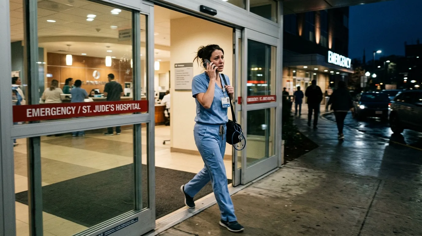 A stressed nurse rushing out of a hospital checking her phone