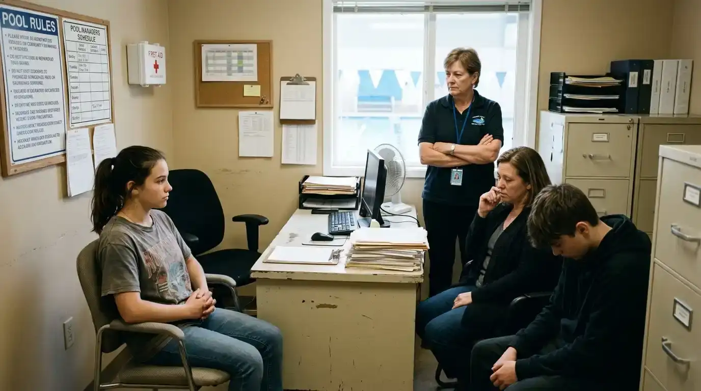 Tense pool office meeting with mother, son, and strangers