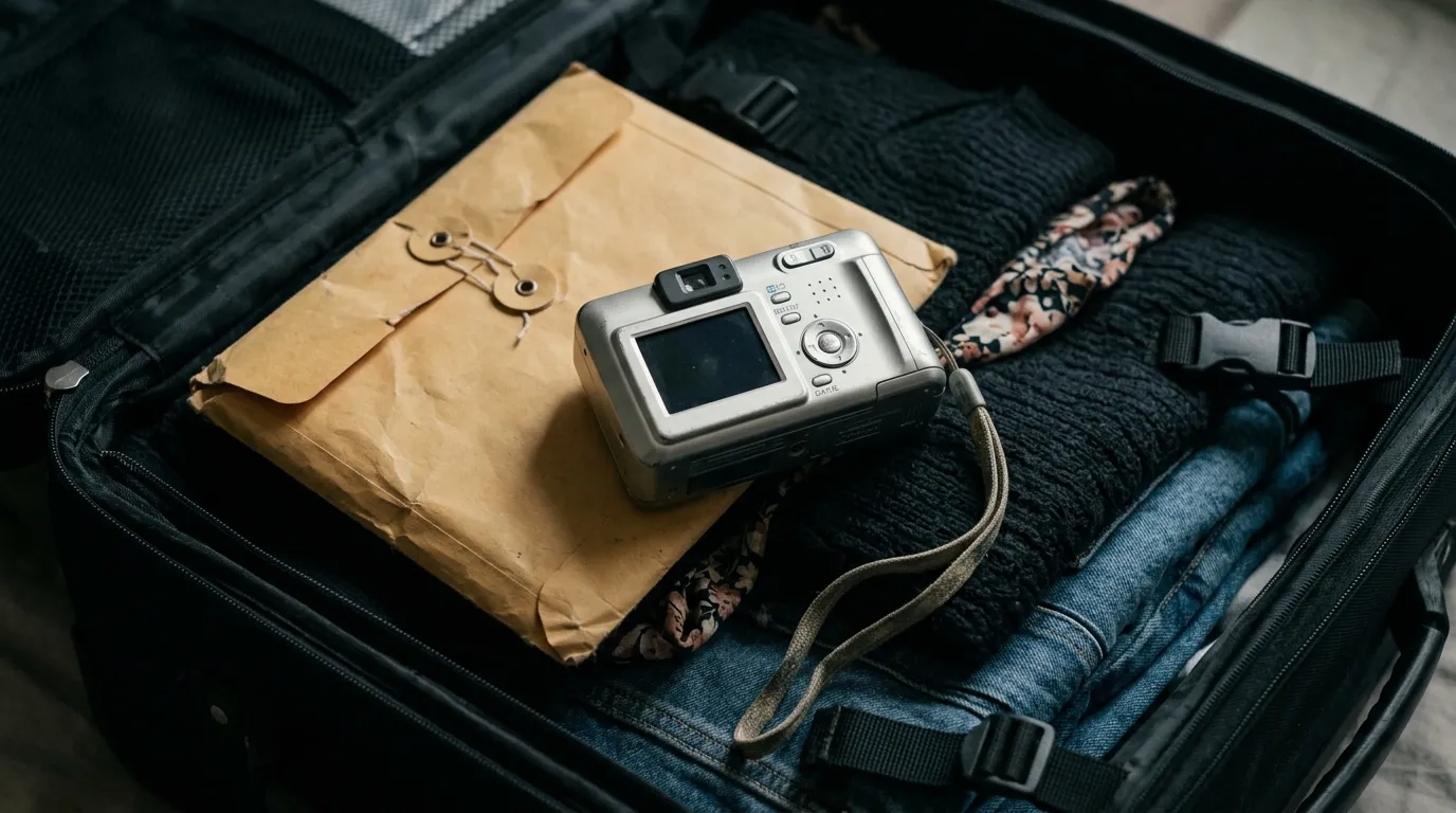 An old silver digital camera inside a black suitcase next to a manila envelope
