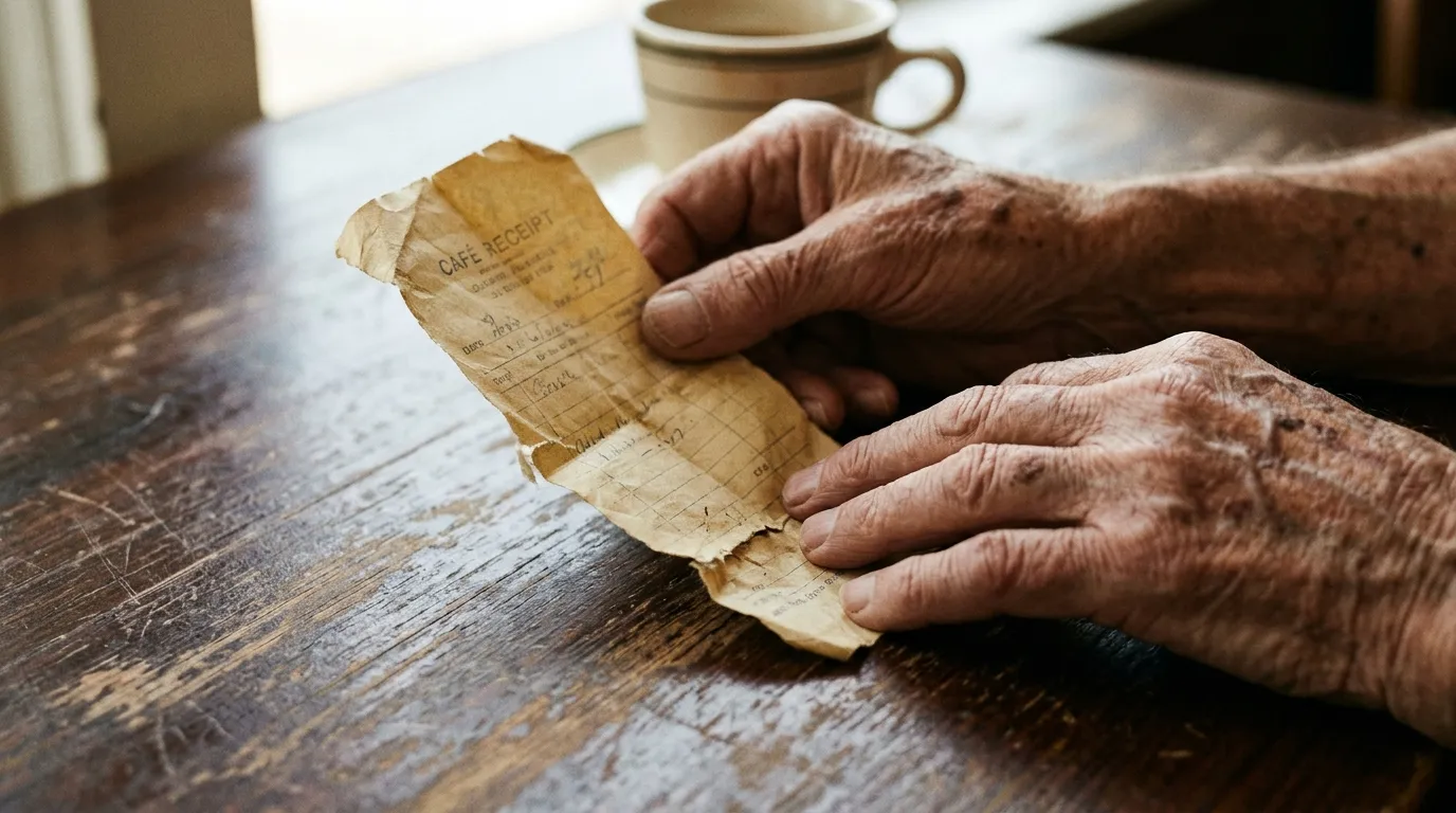 Close-up of a 91-year-old man's weathered hands holding a fragile, yellowed receipt from 1983