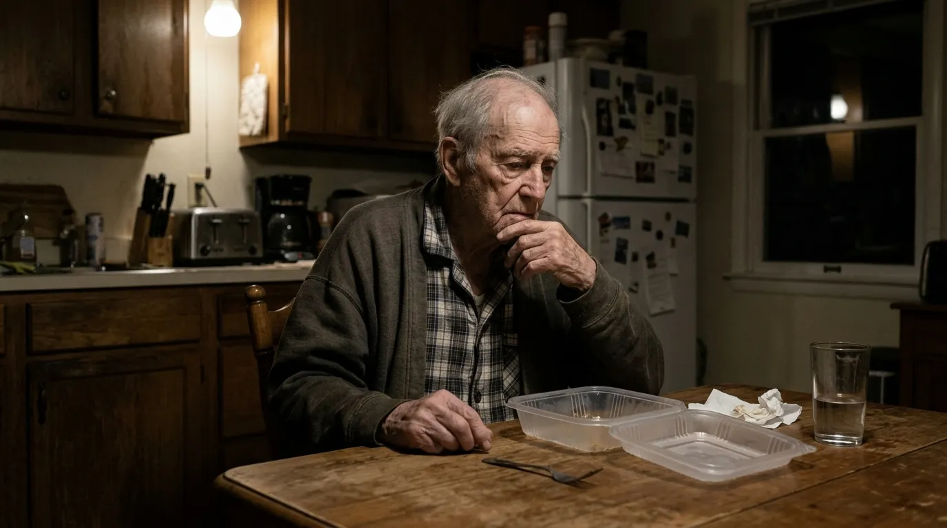 A frail elderly man sitting alone in a dimly lit kitchen at 4 AM staring at an empty plastic container.