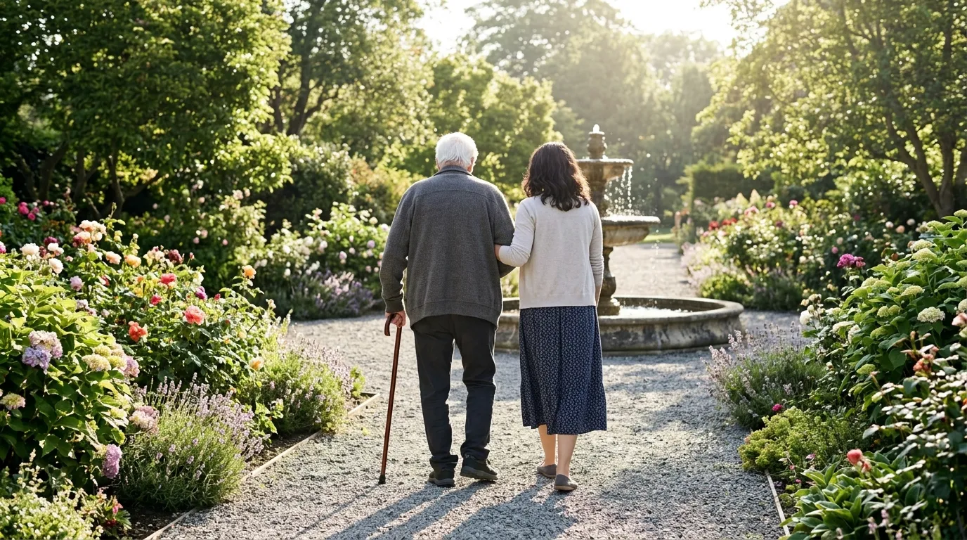 An eighty-year-old man and a thirty-one-year-old woman walking arm-in-arm in a lush garden