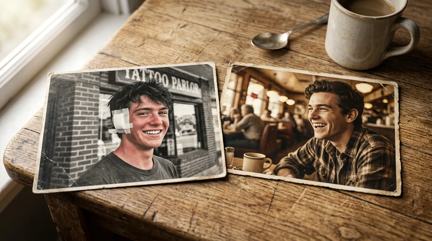 Two old photographs on a table showing the truth about the tattoo