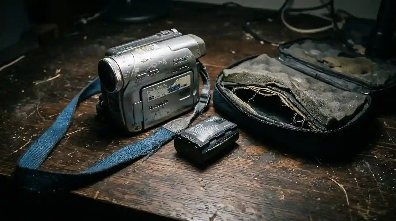 An old scratched silver digital camcorder with a blue strap on a wooden table