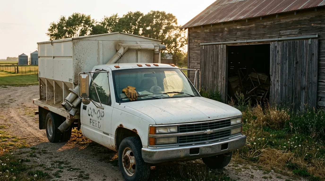 A weathered, chalky-white 1994 agricultural feed truck parked beside an old wooden machinery shed.