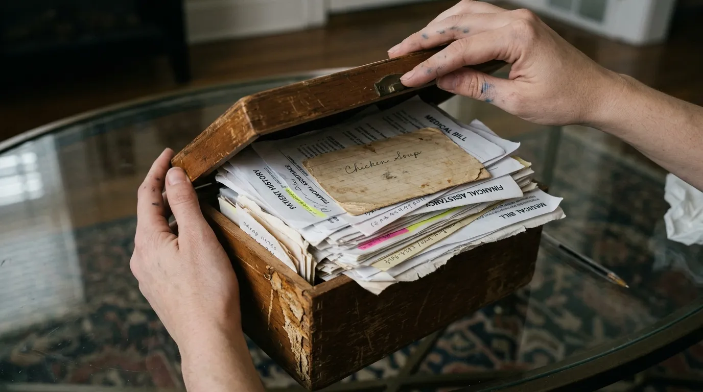 A young woman's hands opening an old wooden recipe box filled with medical research notes