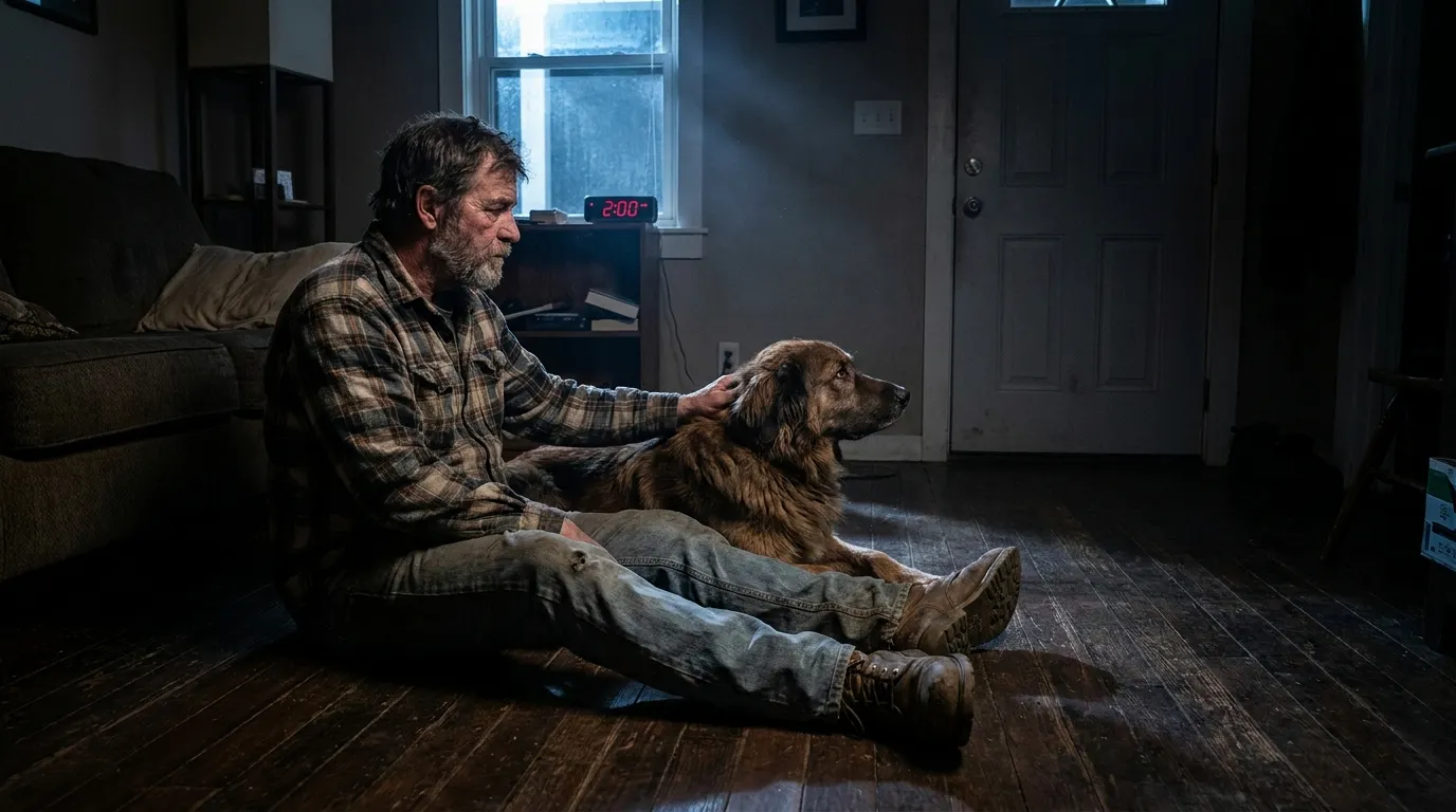 A rugged man sitting on the floor at night next to a brown dog who is staring at the front door.