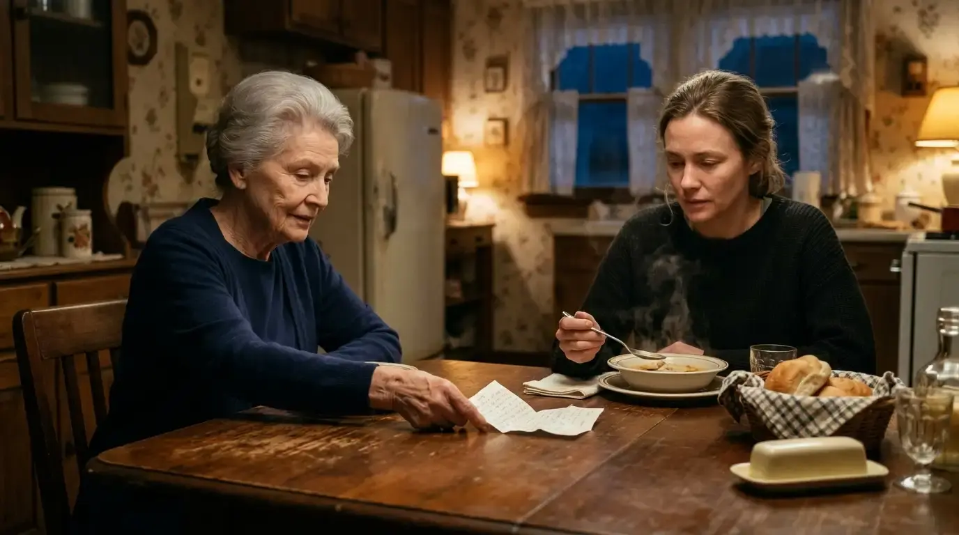Opal sliding a folded note with Russell Keane's number across the dinner table to Rebecca