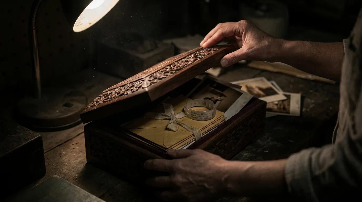 A woman's trembling hands open an ornate wooden box filled with old letters, a hospital bracelet, and photos.
