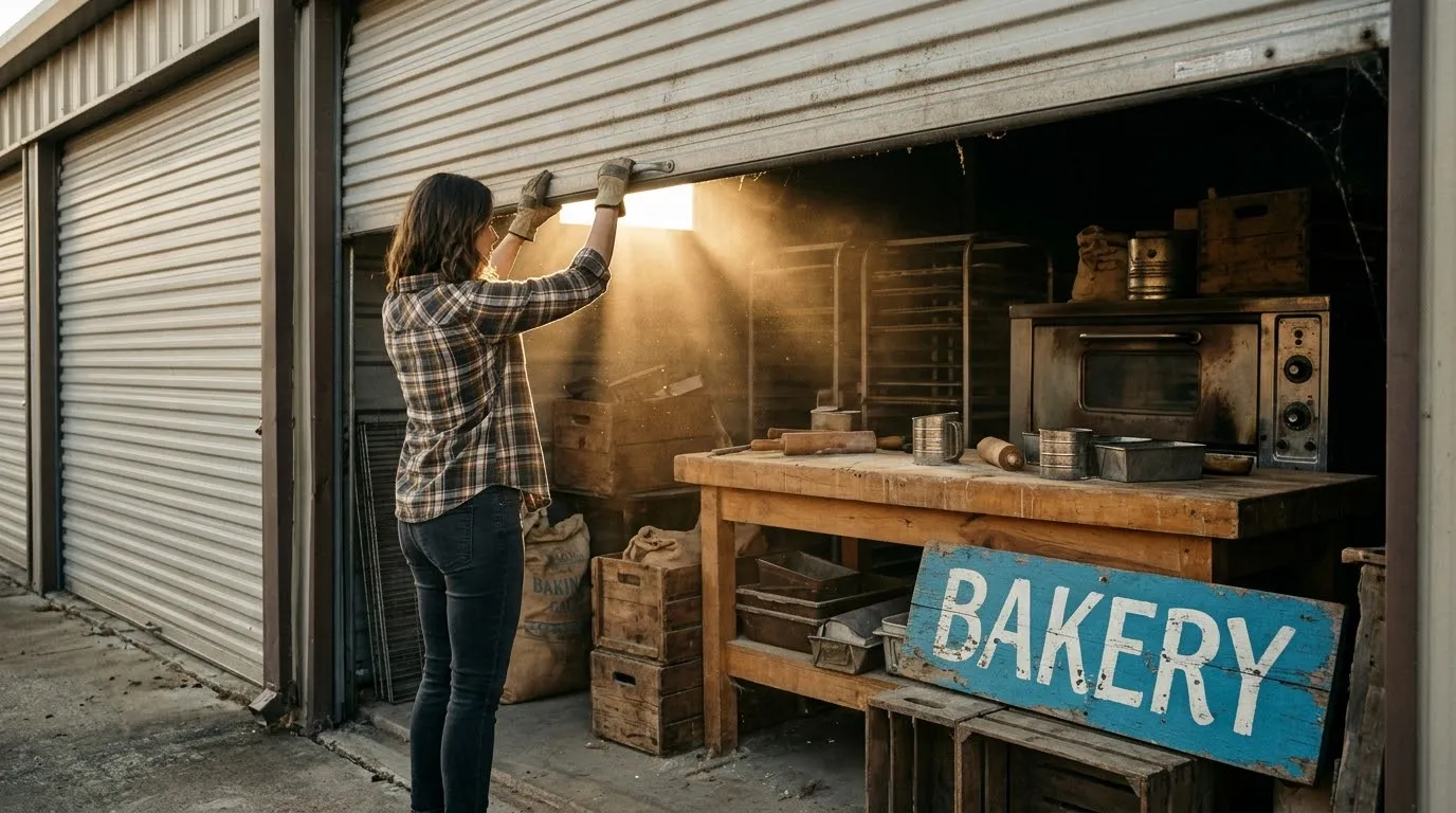 Joyful bakery owner on opening day next to a jar of bubbling sourdough starter