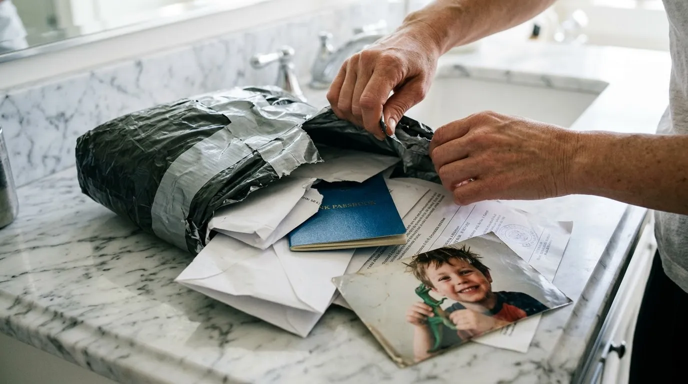 Woman's hands opening a dark plastic package to reveal letters, a passbook, and a photo of a child
