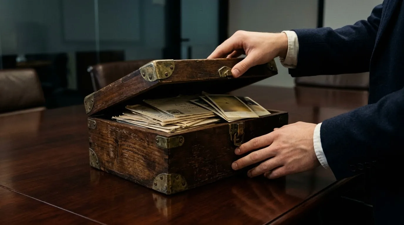 Close up of hands opening an antique wooden box containing letters and photos