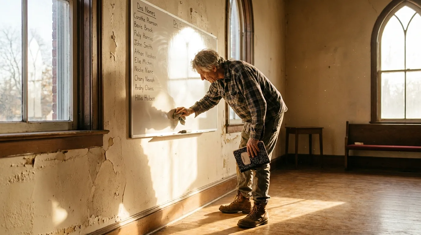 Elderly church custodian wiping names off a whiteboard