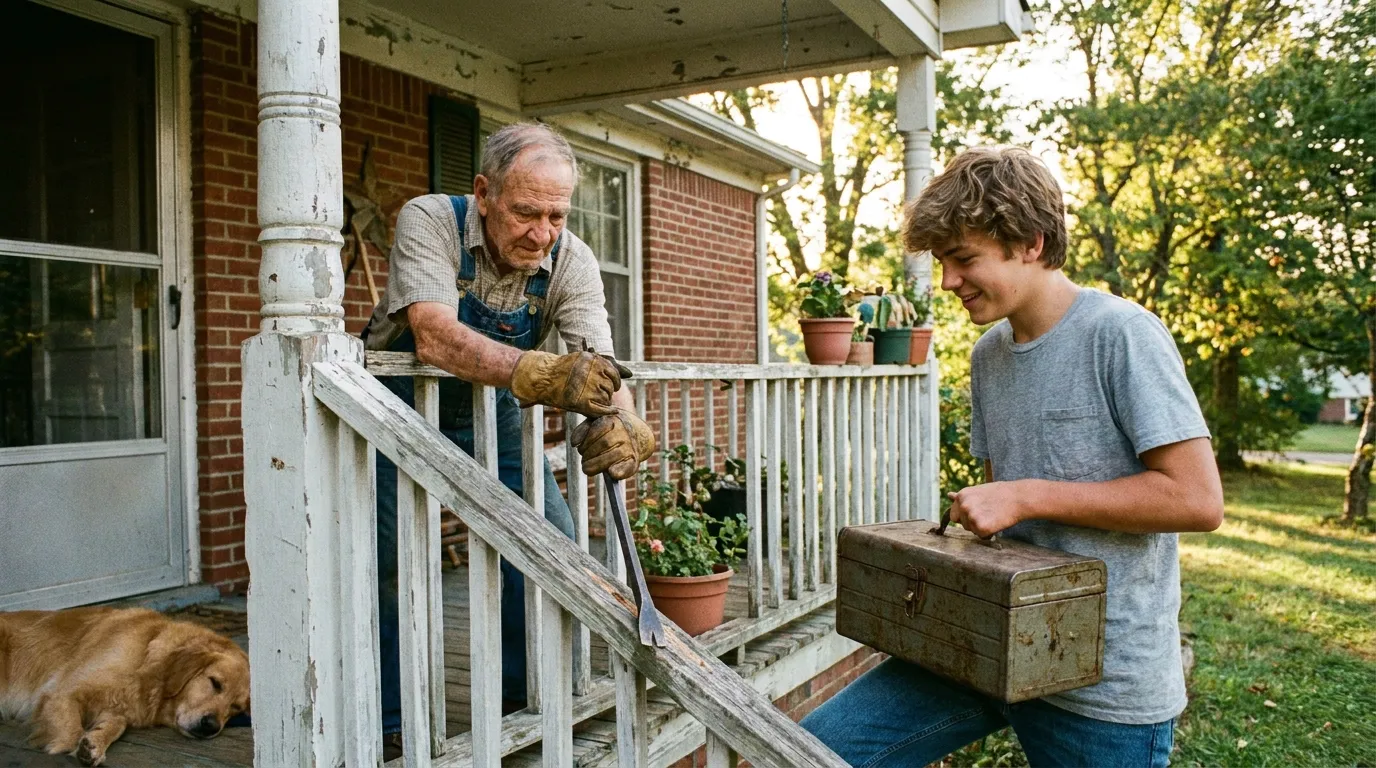 Old man and teenager fixing a wooden porch rail