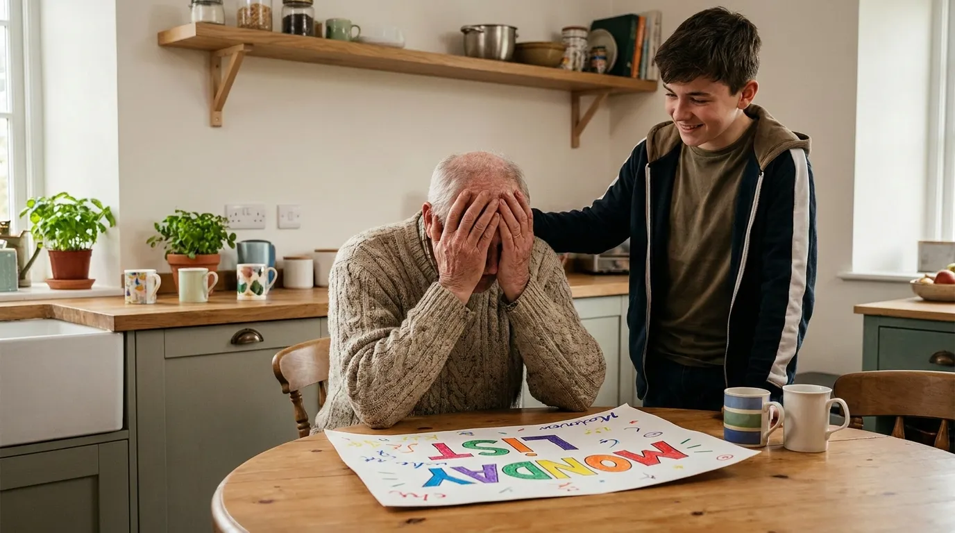 Emotional elderly man looking at a large handmade card