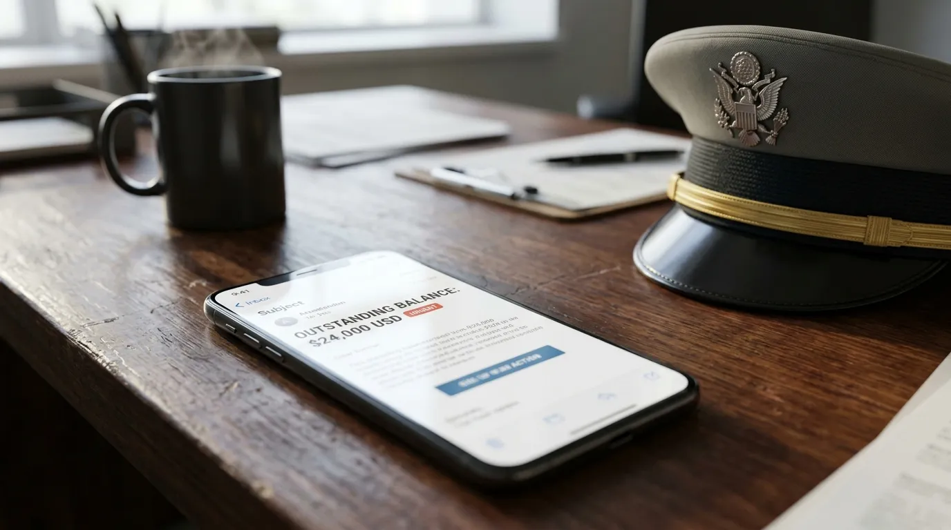 Smartphone displaying an email with an outstanding balance of 24000 dollars