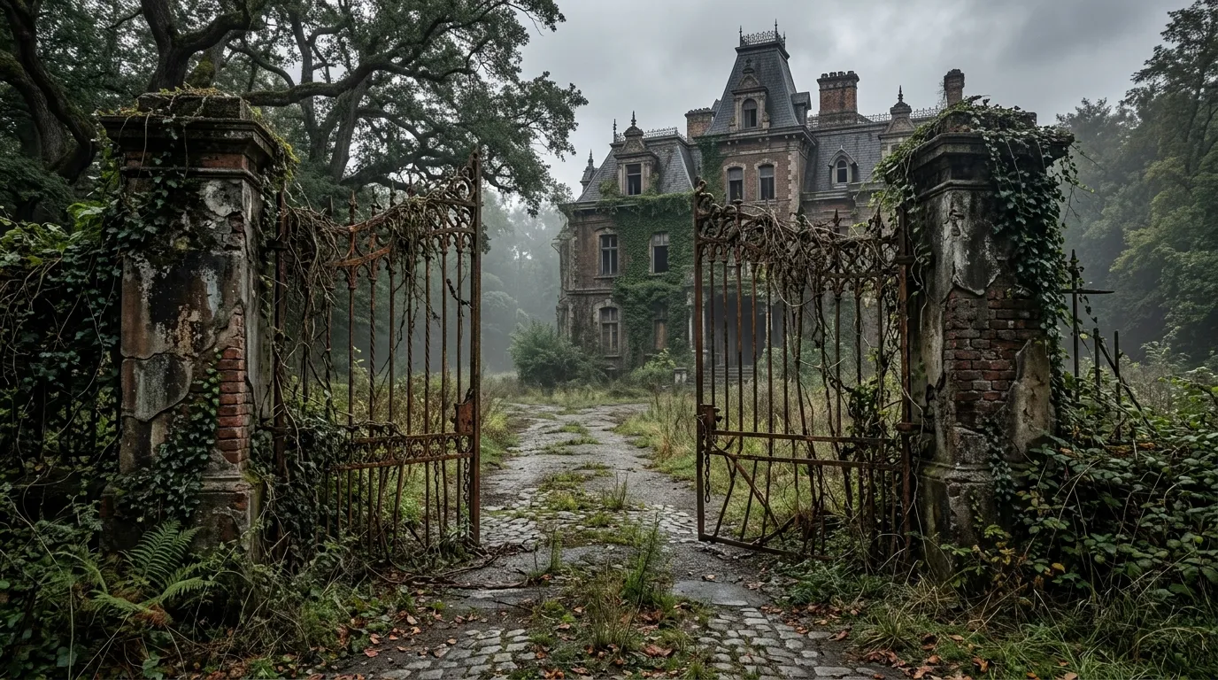 An imposing wrought-iron gate covered in ivy leading to an old grand mansion