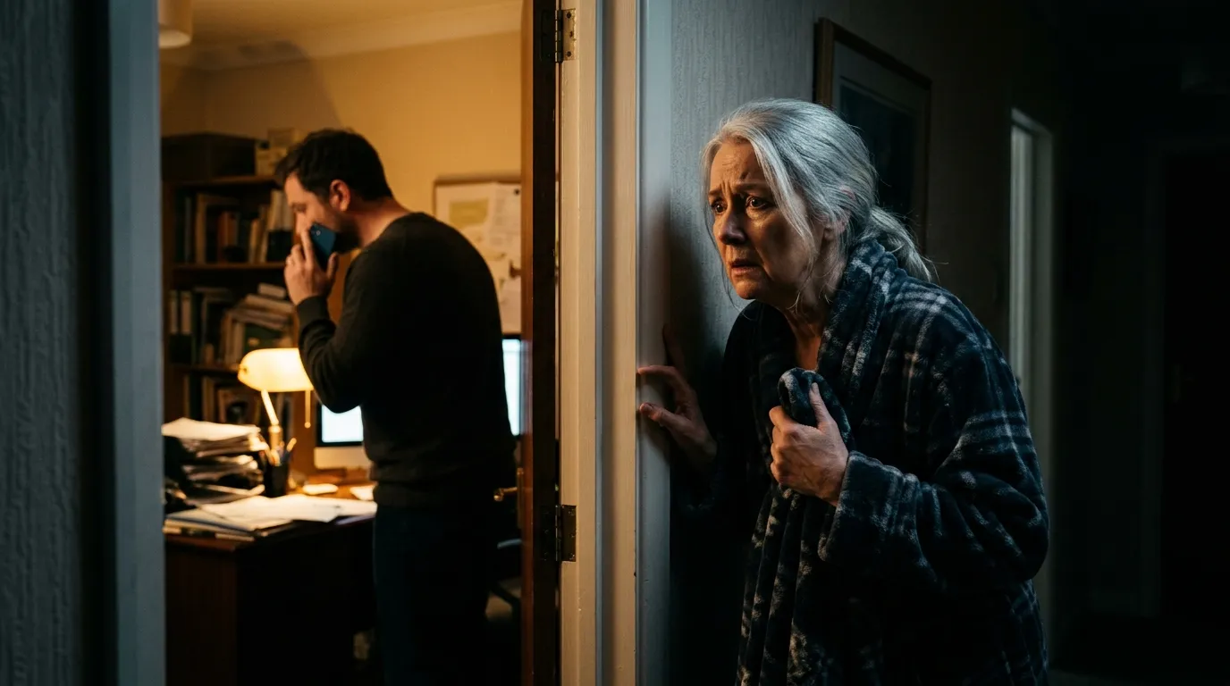 Terrified older woman eavesdropping on her husband in the dark hallway