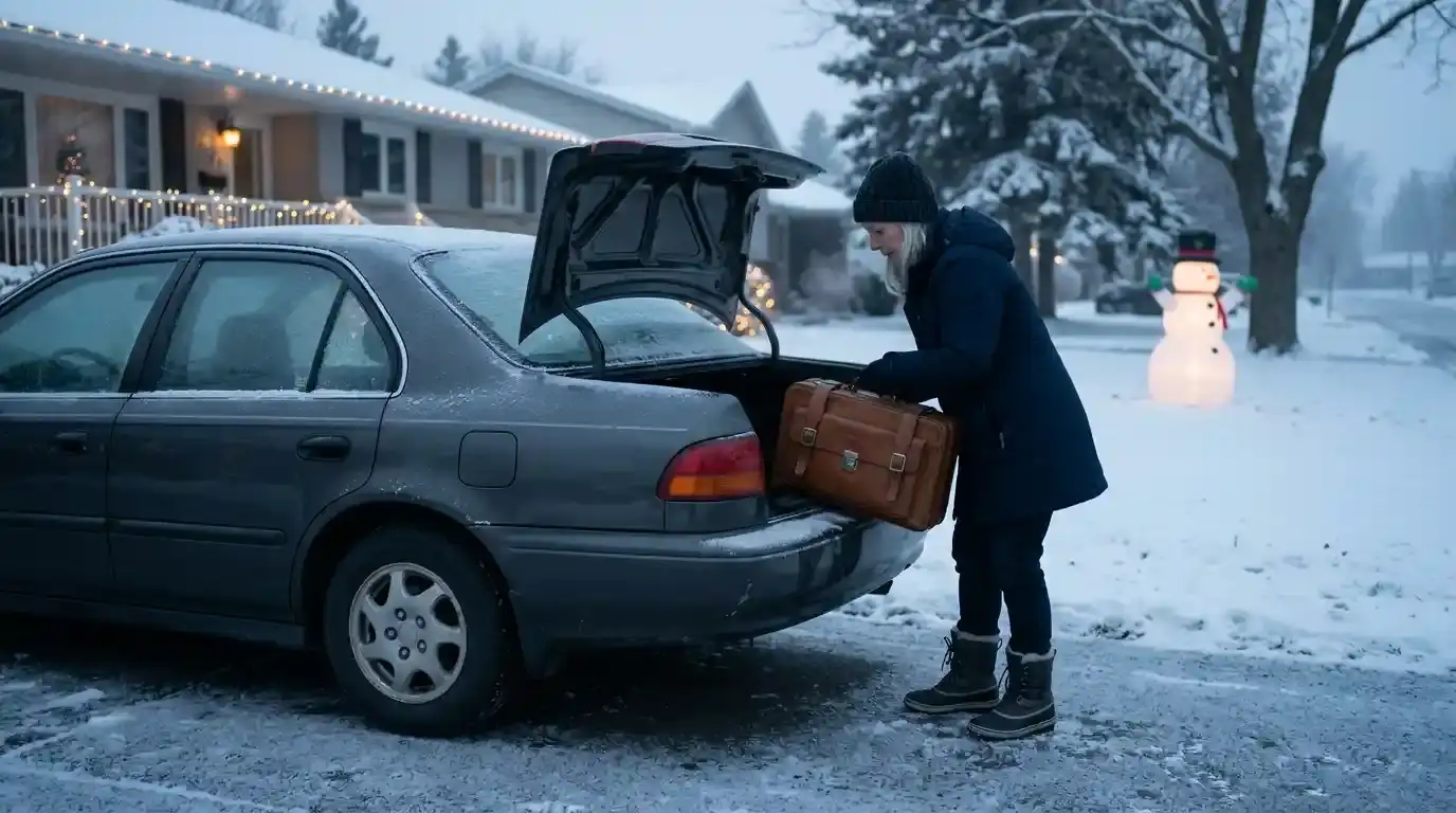 Packing a suitcase into the car trunk on a chilly winter morning