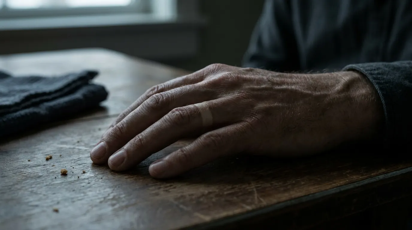 Close-up of a man's left hand resting on a table showing a pale wedding ring mark