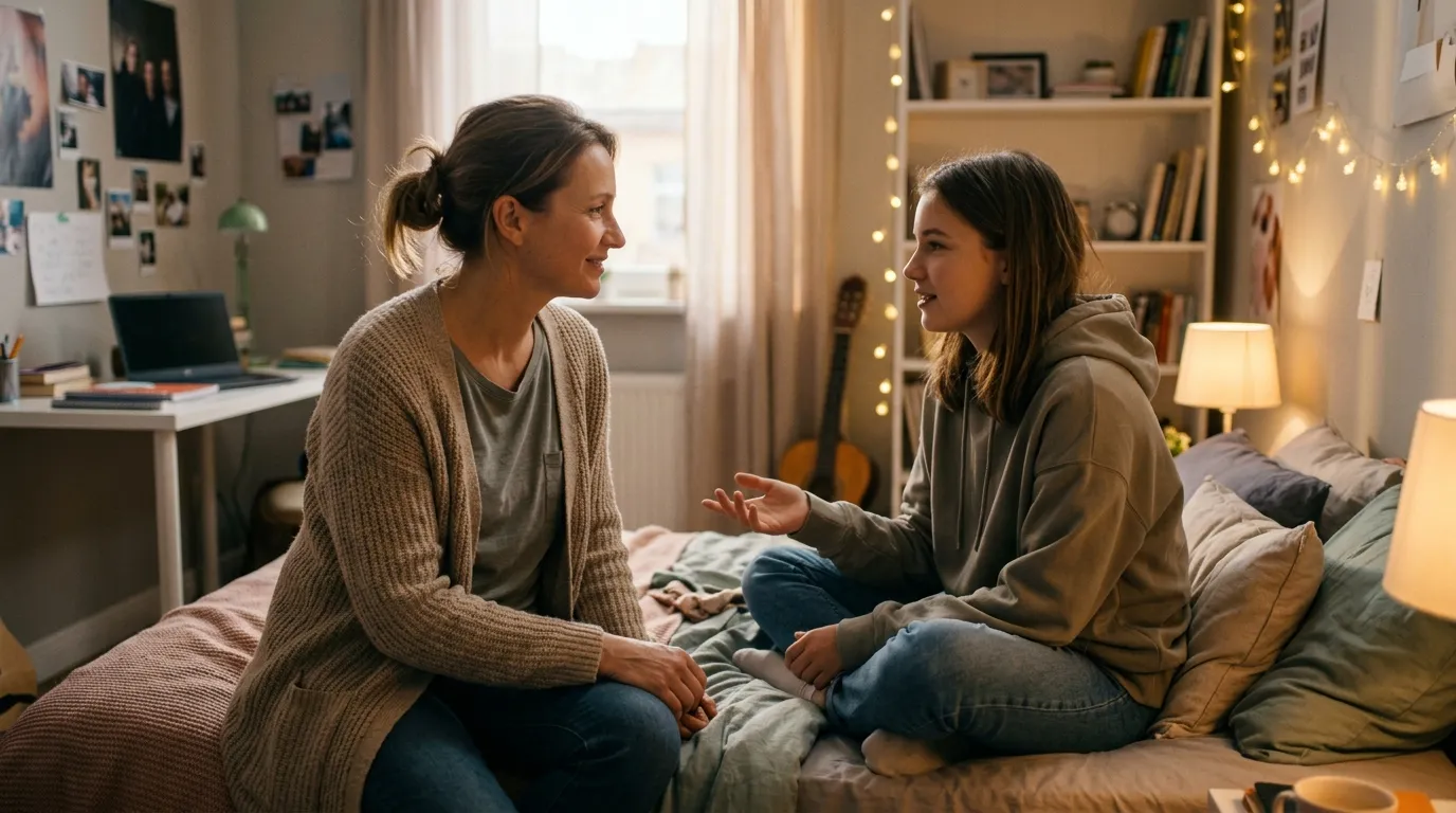 A parent and a teenager having a calm, friendly conversation in a softly lit bedroom