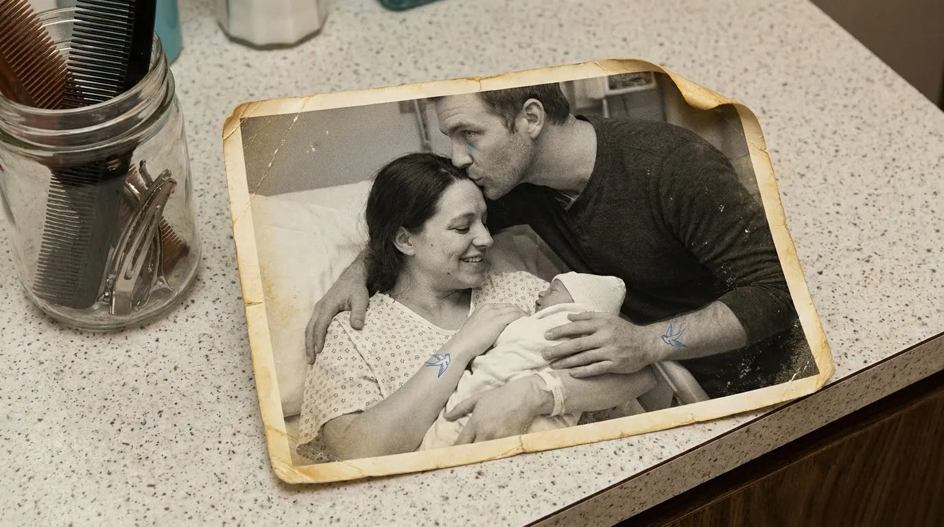 A vintage photo of a young mother and father in a hospital holding a newborn, both with bluebird tattoos