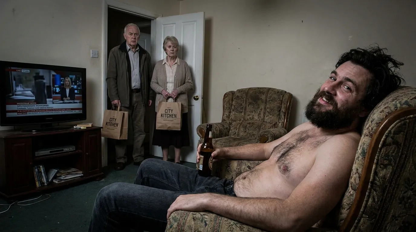 An older couple turning away in a doorway, holding takeout bags, leaving a woman standing alone in the living room.