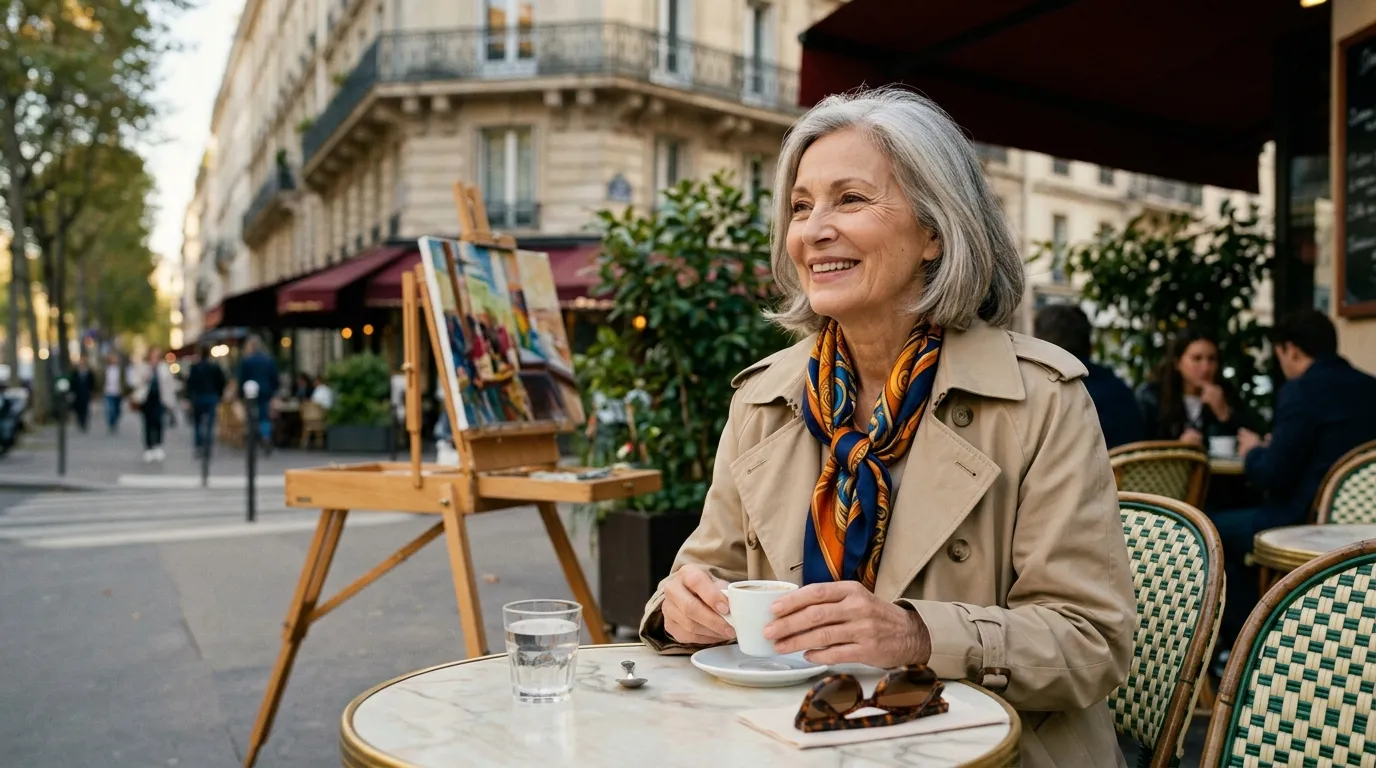 An elegant older woman enjoying coffee at a Parisian cafe