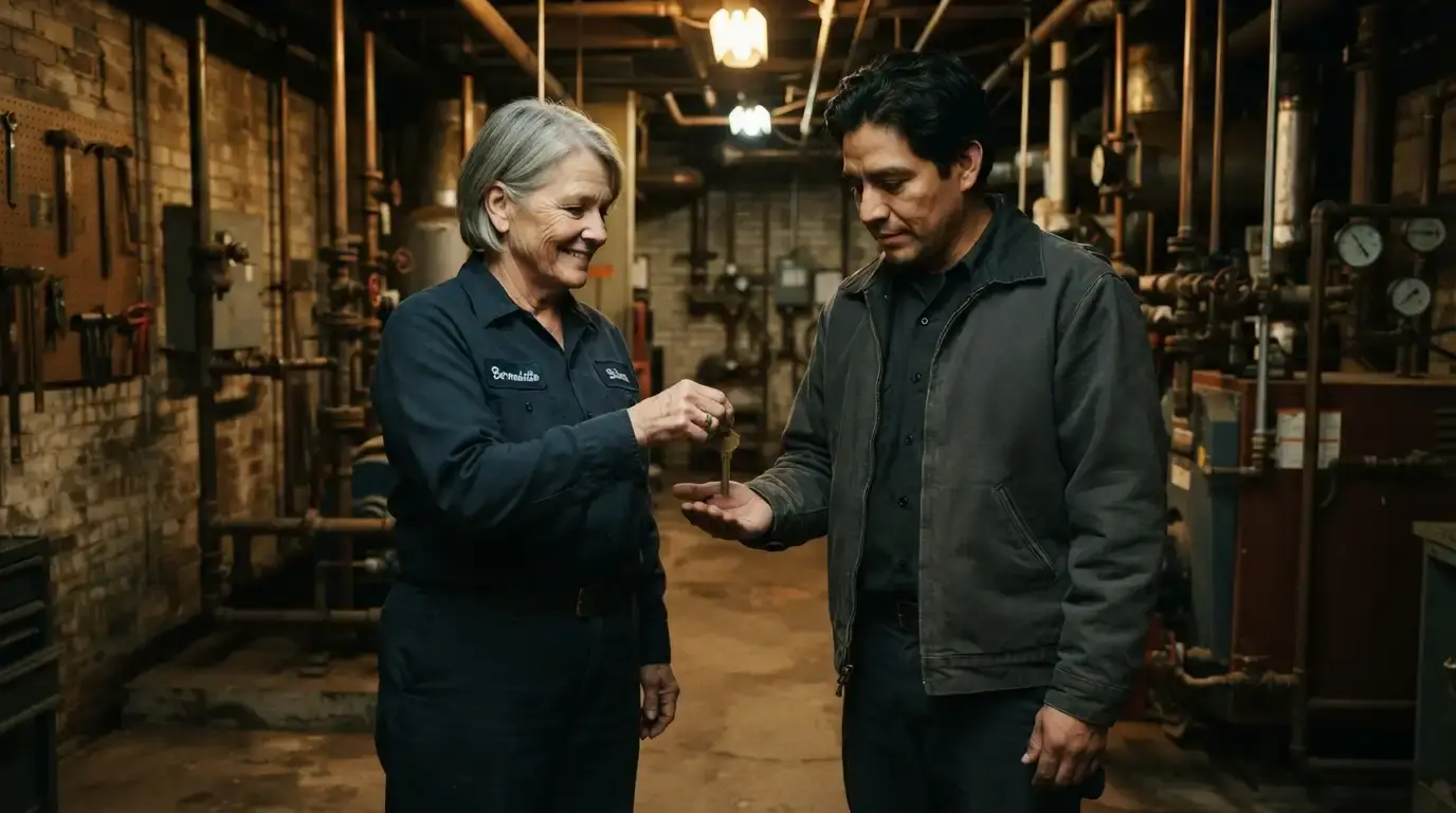 Bernadette handing the vintage brass boiler room key to Silas in the school basement