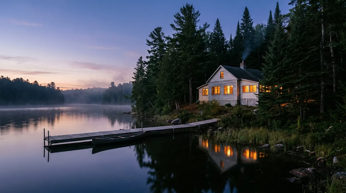 Warmly lit lake house at twilight with a wooden dock