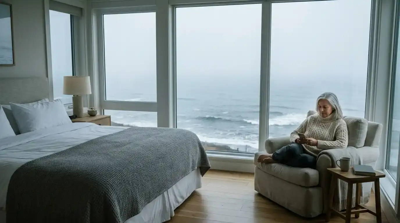 Evelyn sitting in an oceanfront hotel room with a view of winter waves
