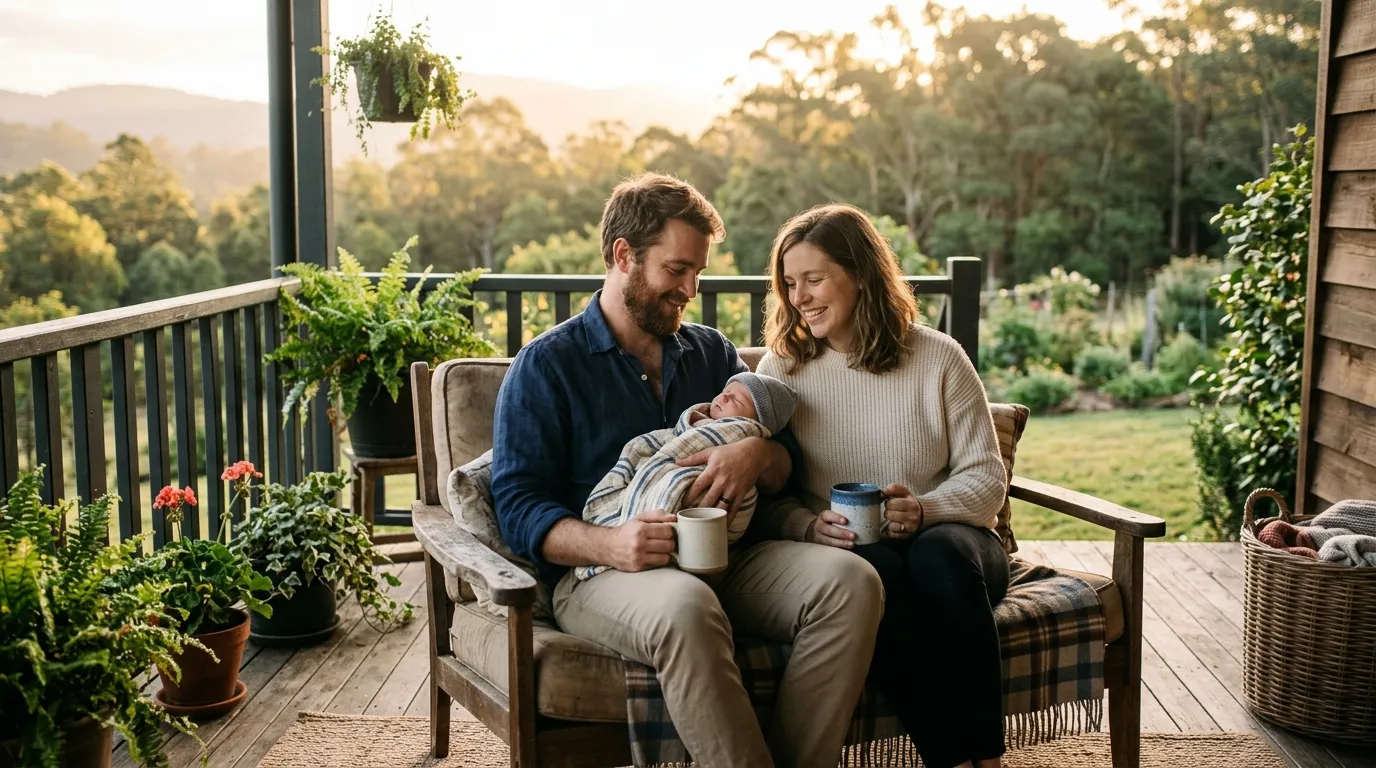A couple drinking coffee on a sunlit porch with a sleeping newborn baby.