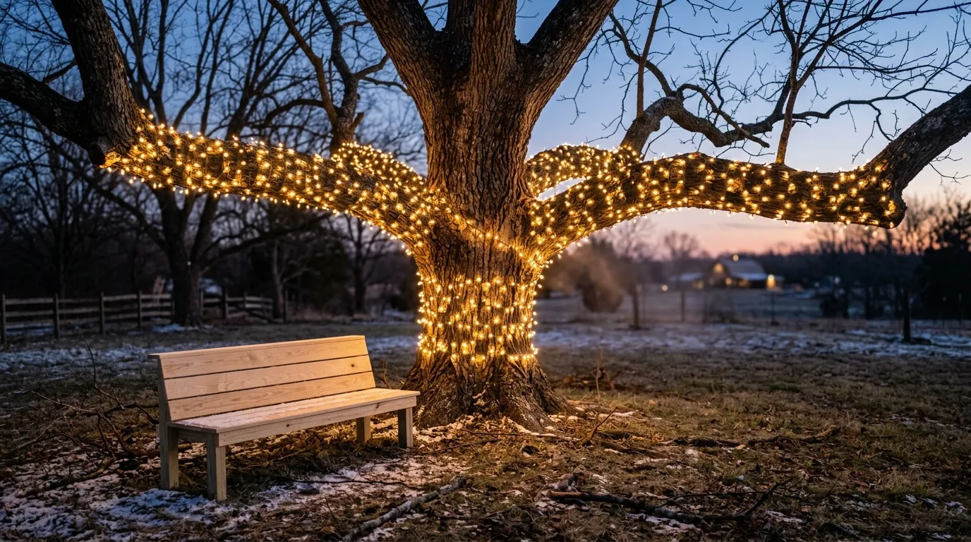 A large bare pecan tree wrapped in warm white Christmas lights over a wooden bench