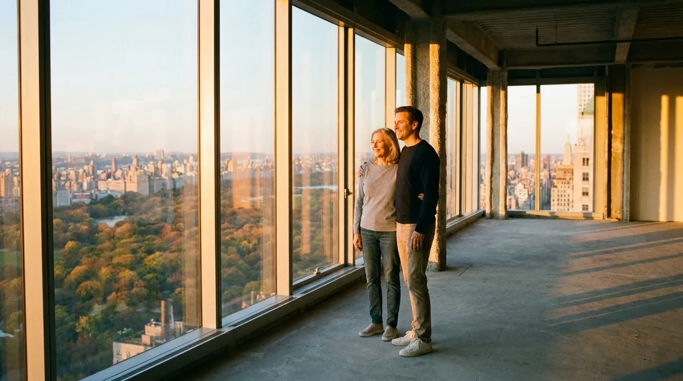 Mother and son looking out a penthouse window at a Central Park sunset