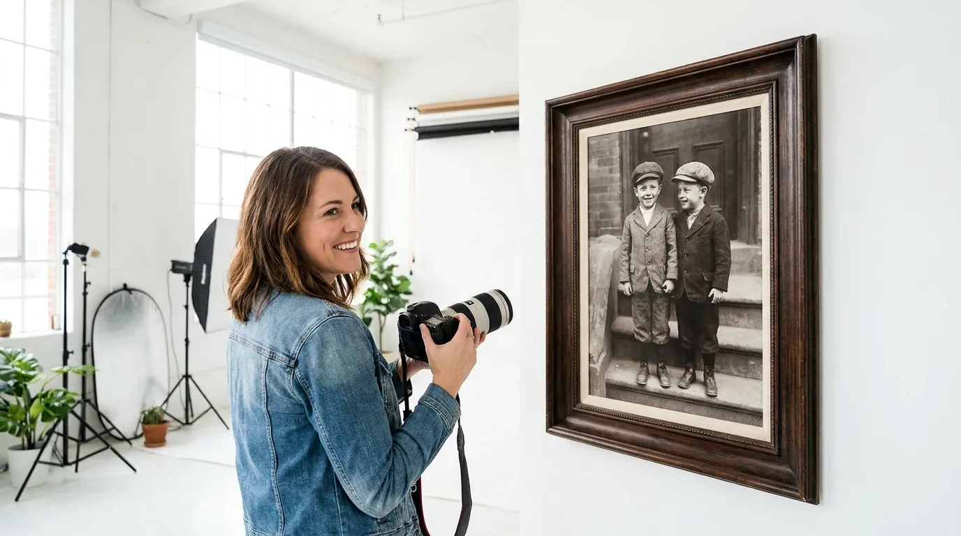 Woman standing in her new photography studio looking at a framed photo of two men