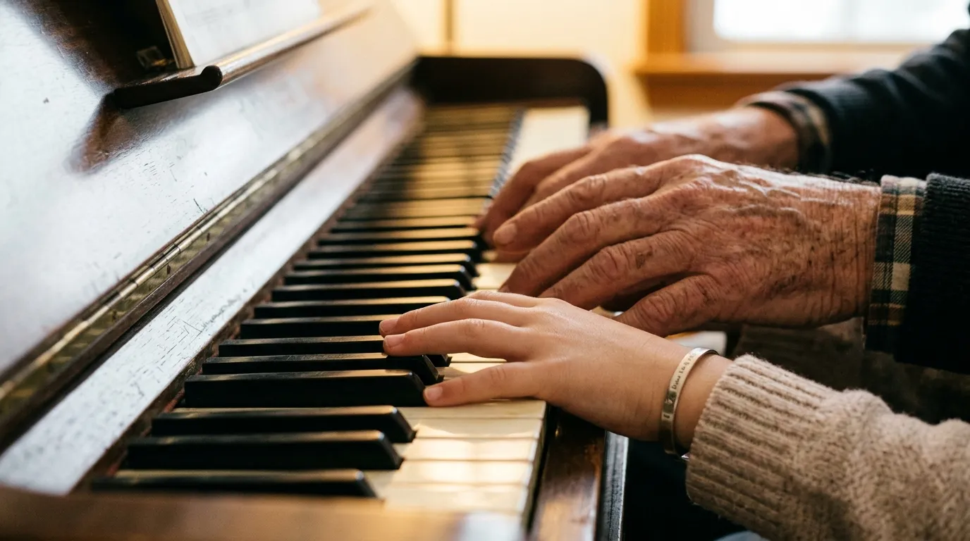 Close up of a rough man's hands and a small girl's hands playing the piano together, showing a silver engraved bracelet.