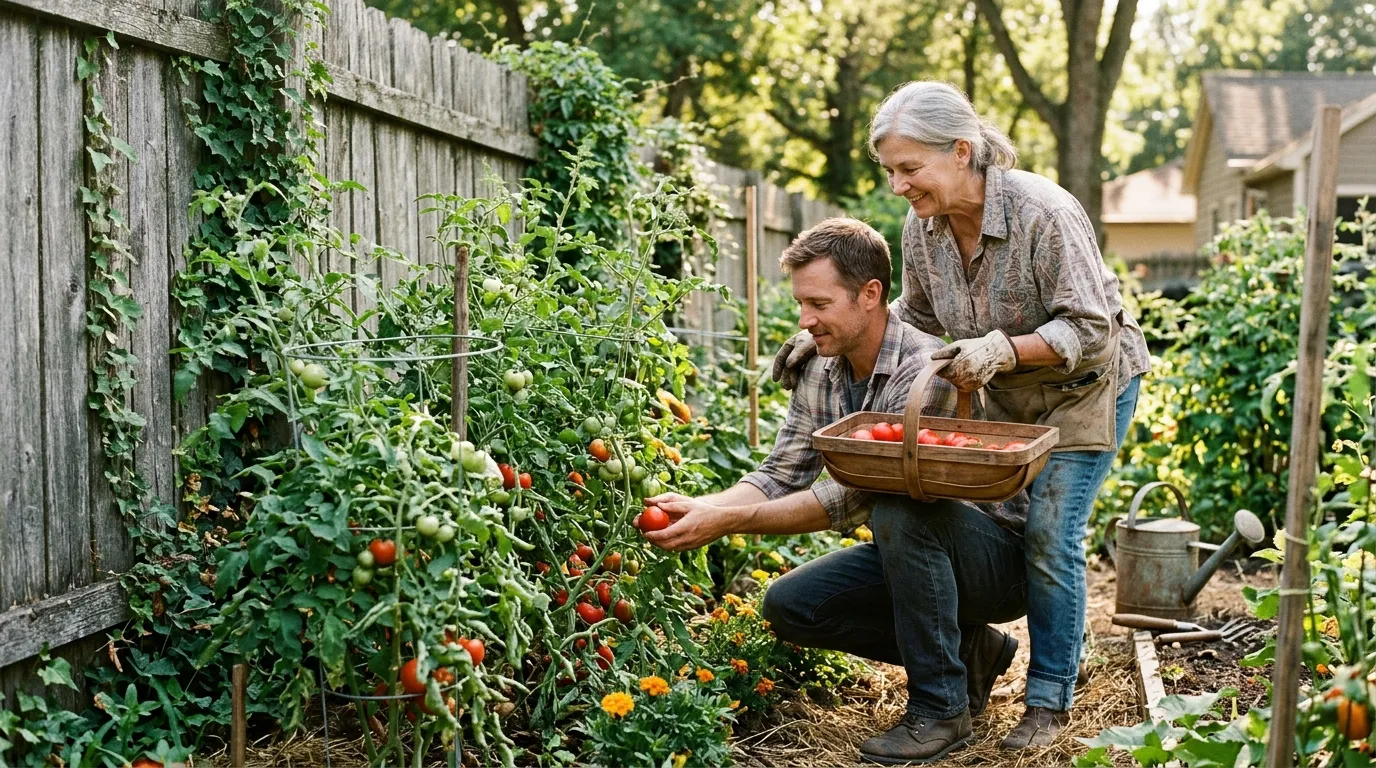 A woman and a man peacefully picking tomatoes in a sunny garden