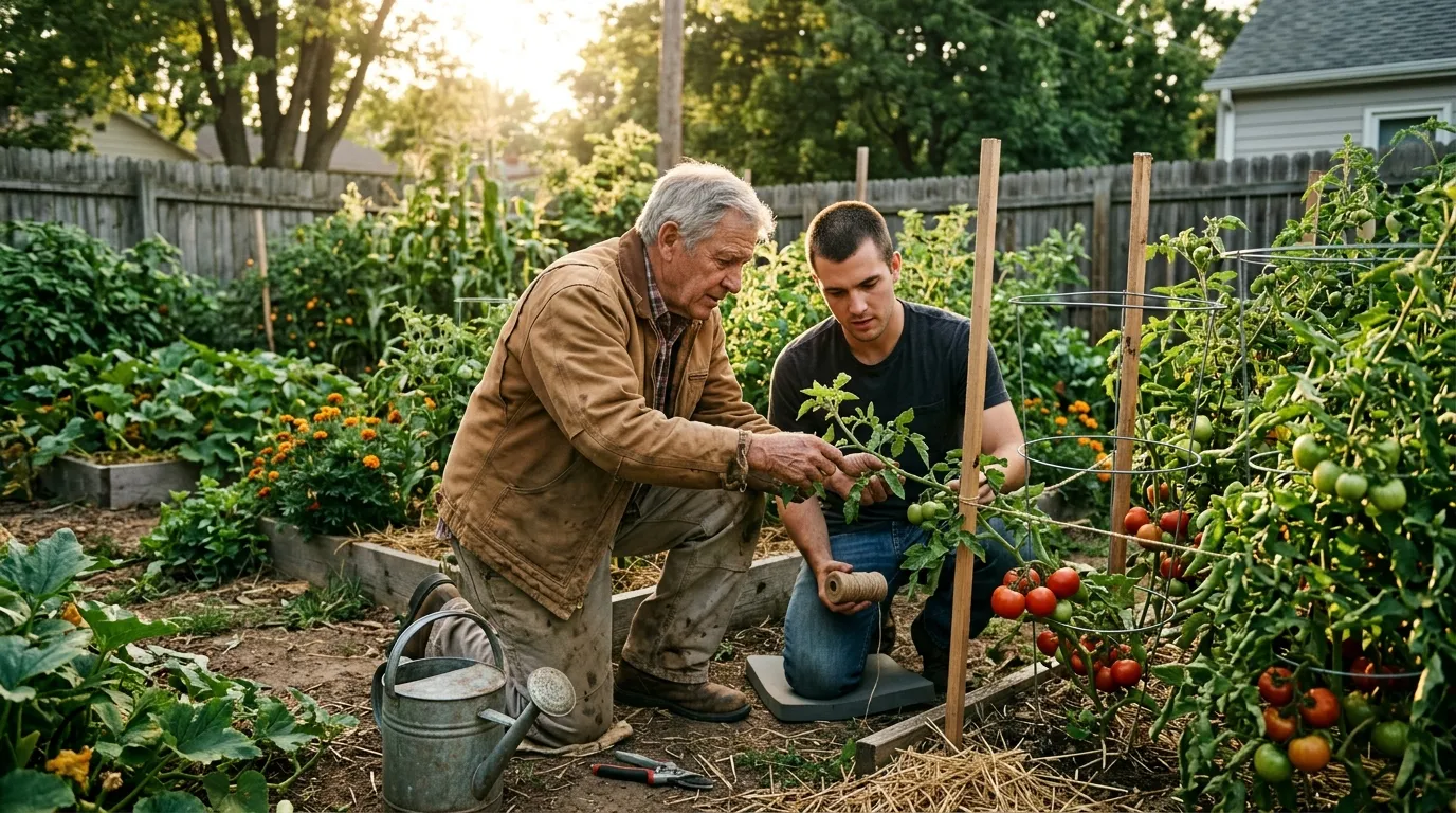 Two men planting tomatoes in a backyard garden