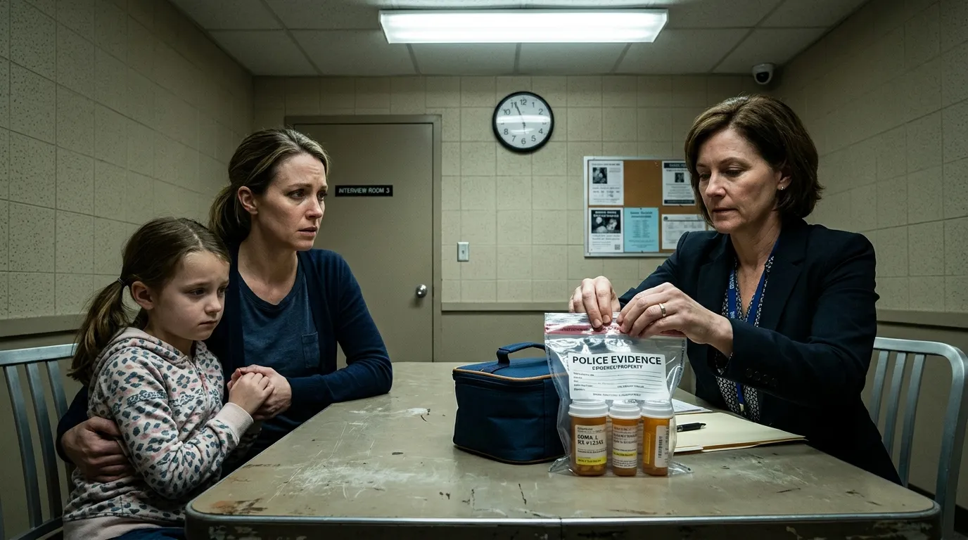 A detective at a table placing a lunch bag and pill bottles into a clear plastic evidence bag